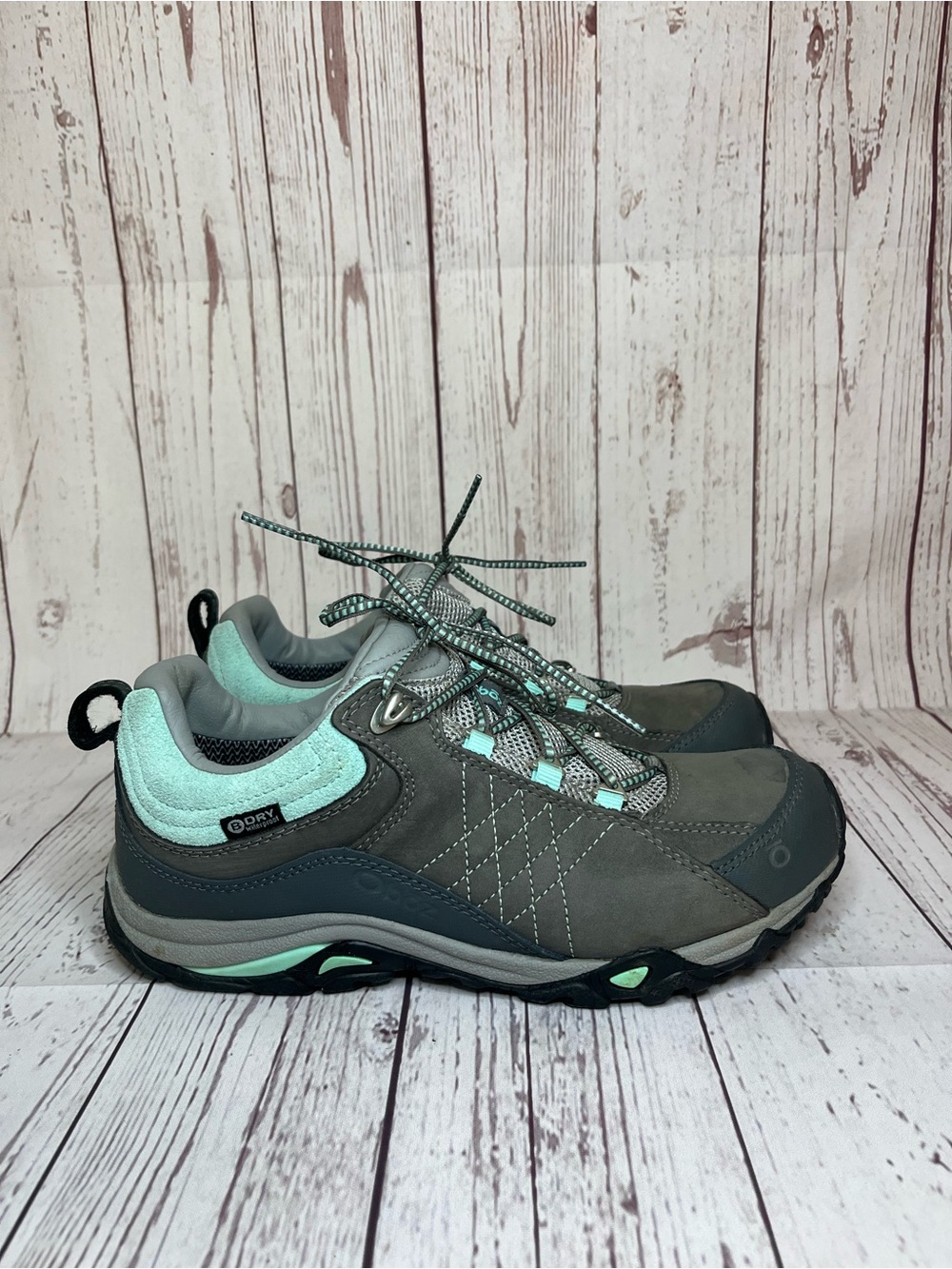 Oboz Sapphire Low Hiking Shoes Womens Size 8 Leather B-Dry Charcoal Beach Glass